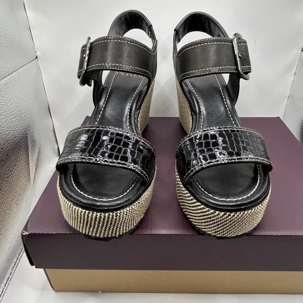 Donald Pliner Imani Black Croc Patent Leather Woven Platform Wedge Sandals 7.5M